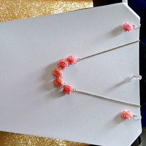 Handmade rose pink necklace with matching pink earrings